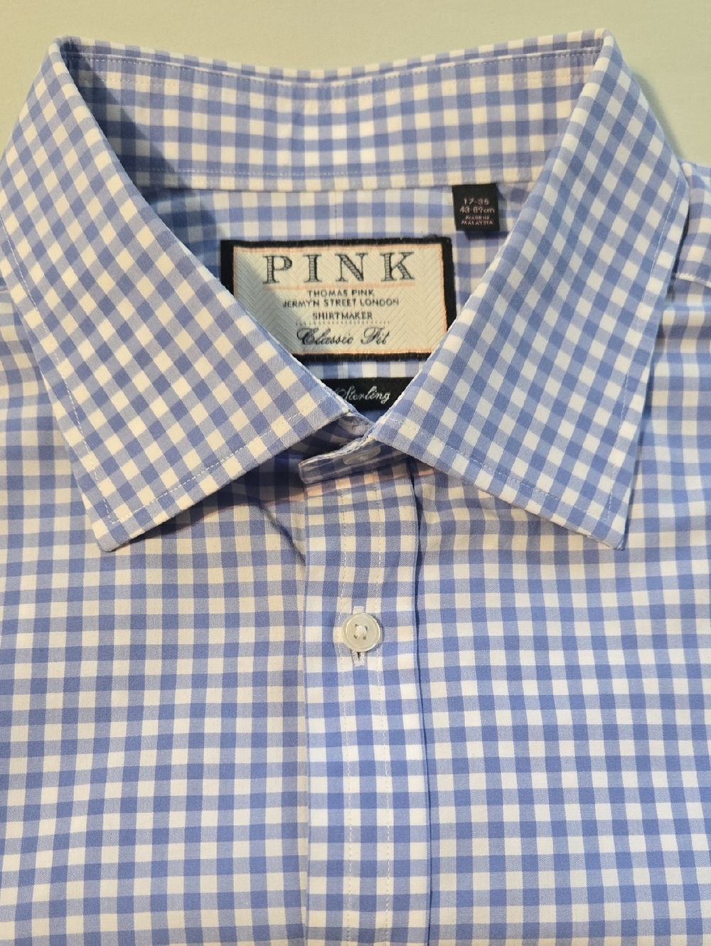 Thomas Pink The Sterling Dress Shirt Classic Fit Blue White Gingham Check- 17/35